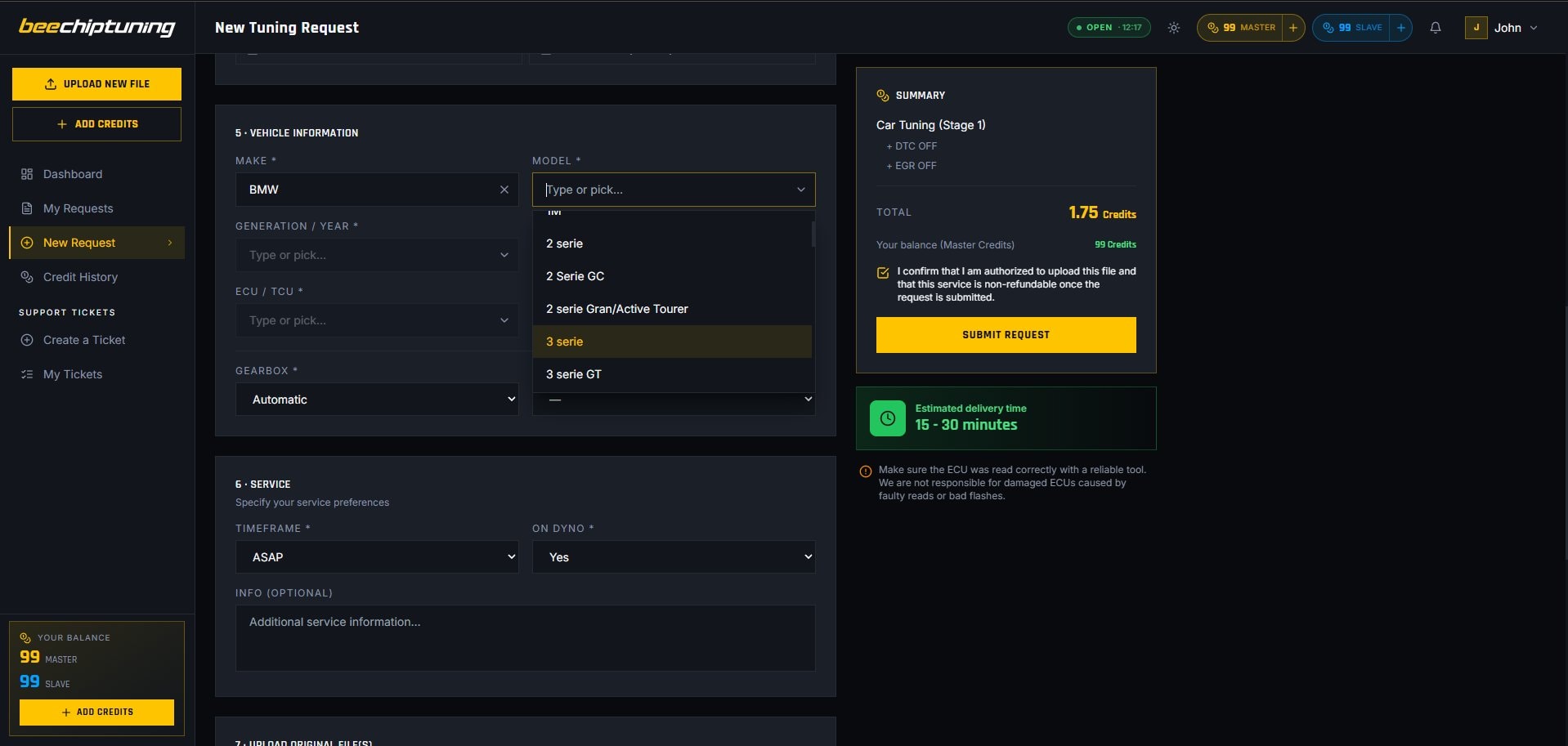 Vehicle information section of the request form