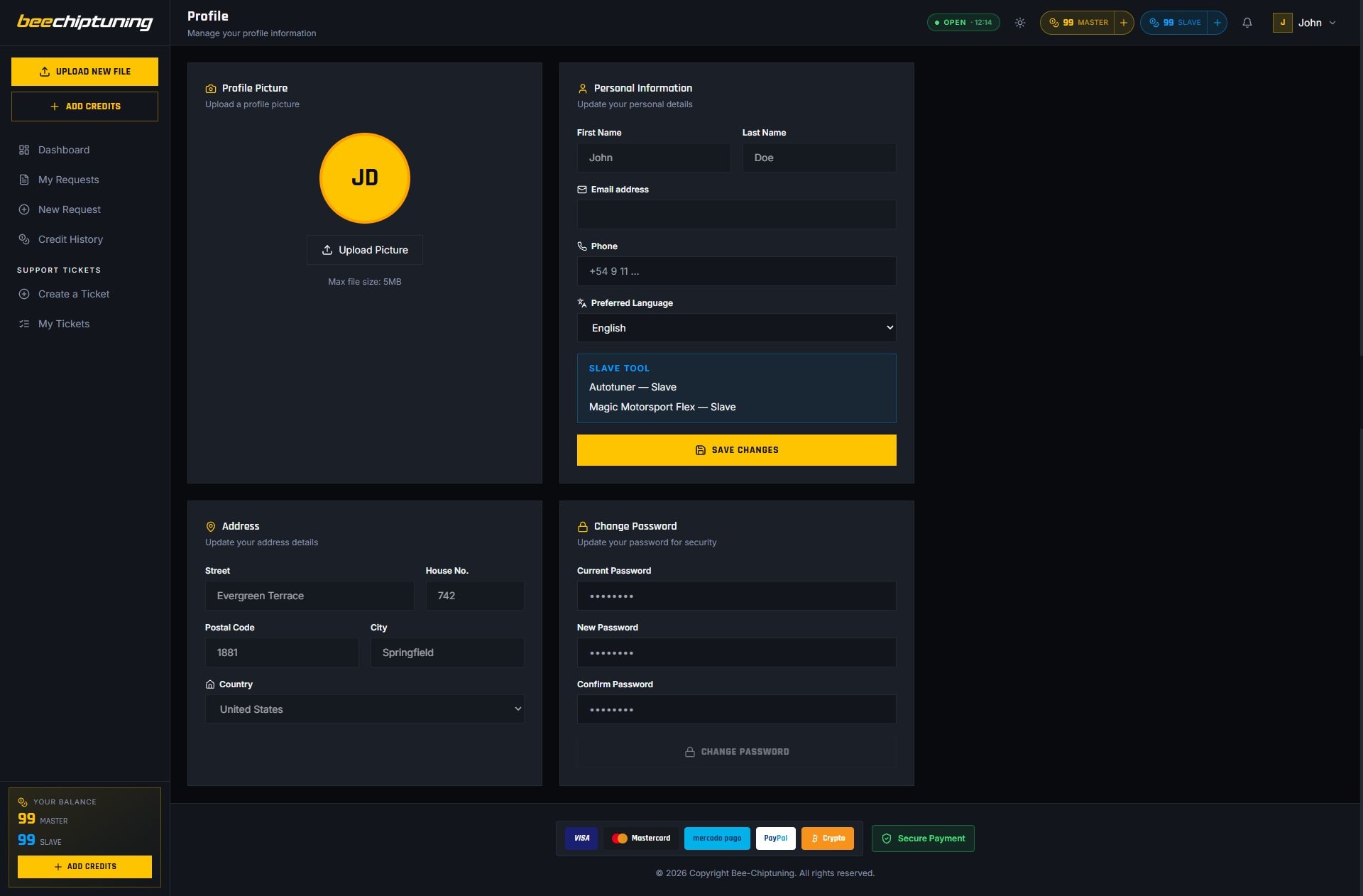 Profile management page